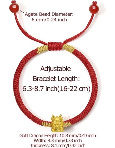 24K Gold Bracelet Dragon Charm Bracelets Adjustable Solid Gold Charms Bangle Dainty Bead Red Braided Rope Good Luck Jewelry Trendy Fashion Real Gold Lucky Gifts for Women Men