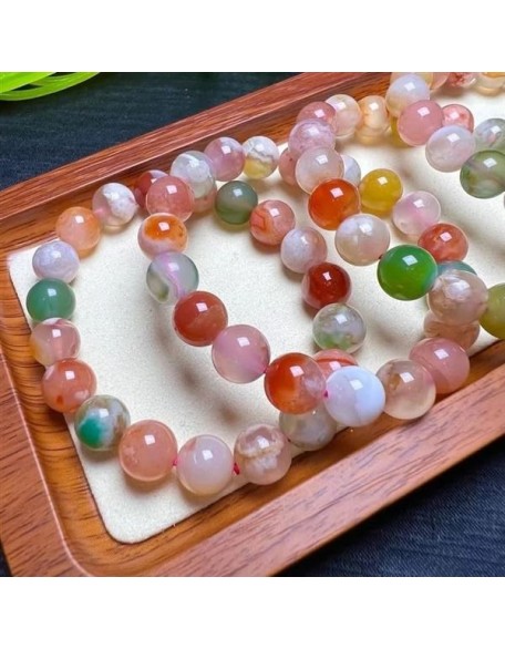 Natural Natural cherry blossom Agate 10mm rondelle smooth 7inch Semi-Precious Gemstones Beaded Bracelets for Men Women Healing Crystal Stretch Beaded Bracelet Unisex