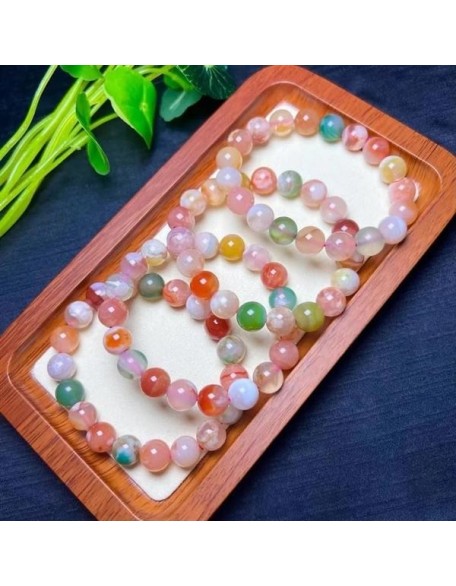 Natural Natural cherry blossom Agate 10mm rondelle smooth 7inch Semi-Precious Gemstones Beaded Bracelets for Men Women Healing Crystal Stretch Beaded Bracelet Unisex