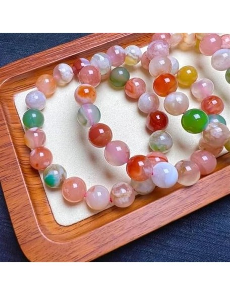 Natural Natural cherry blossom Agate 10mm rondelle smooth 7inch Semi-Precious Gemstones Beaded Bracelets for Men Women Healing Crystal Stretch Beaded Bracelet Unisex