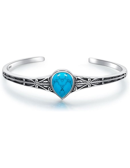 925 Sterling Silver Native American Turquoise Bracelet Cuff for Women with Teardrop Blue Stone Adjustable Jewelry Indian Style Bangle