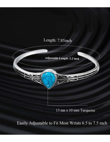 925 Sterling Silver Native American Turquoise Bracelet Cuff for Women with Teardrop Blue Stone Adjustable Jewelry Indian Style Bangle
