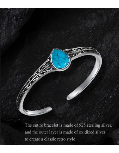925 Sterling Silver Native American Turquoise Bracelet Cuff for Women with Teardrop Blue Stone Adjustable Jewelry Indian Style Bangle