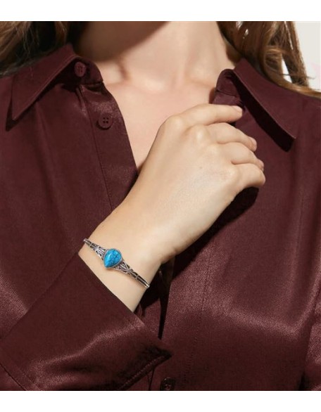 925 Sterling Silver Native American Turquoise Bracelet Cuff for Women with Teardrop Blue Stone Adjustable Jewelry Indian Style Bangle