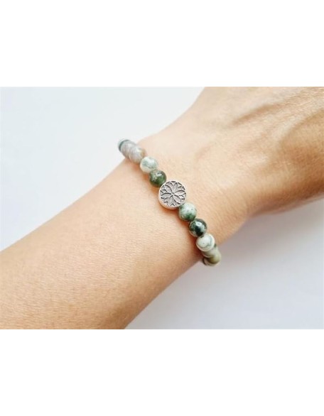 Natural Agate moss 8mm rondelle smooth 7inch Semi-Precious Gemstones Beaded Bracelets for Men Women Healing Crystal Stretch Beaded Bracelet Unisex