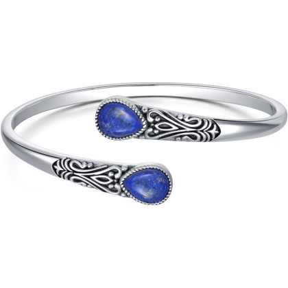 925 Sterling Silver Genuine Gemstone Bracelet for Women Men Adjustable Boho Navajo Style Bangle Cuff Natural Stone Jewelry Gift