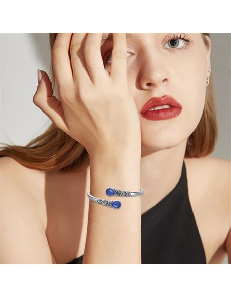 925 Sterling Silver Genuine Gemstone Bracelet for Women Men Adjustable Boho Navajo Style Bangle Cuff Natural Stone Jewelry Gift