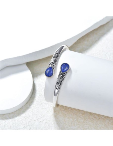 925 Sterling Silver Genuine Gemstone Bracelet for Women Men Adjustable Boho Navajo Style Bangle Cuff Natural Stone Jewelry Gift