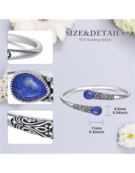 925 Sterling Silver Genuine Gemstone Bracelet for Women Men Adjustable Boho Navajo Style Bangle Cuff Natural Stone Jewelry Gift
