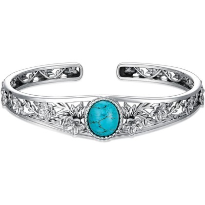 Genuine Turquoise Vintage Flower Bracelet Bangle, Sterling Silver Boho Adjustable Bangle Cuff Native American Jewelry for Women, Fit for 6.5 7 7.5 Inches