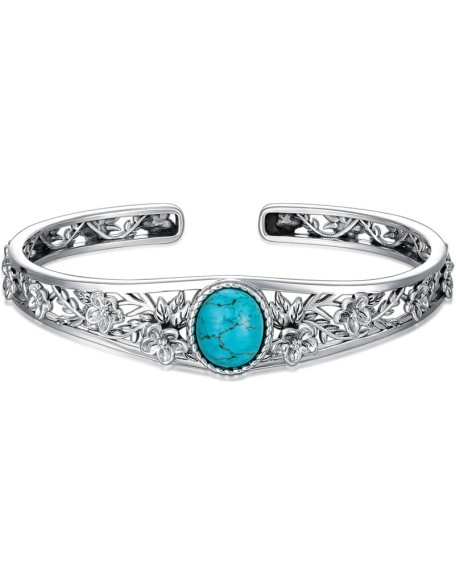 Genuine Turquoise Vintage Flower Bracelet Bangle, Sterling Silver Boho Adjustable Bangle Cuff Native American Jewelry for Women, Fit for 6.5 7 7.5 Inches