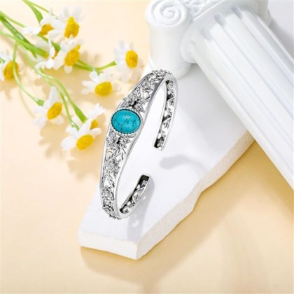 Genuine Turquoise Vintage Flower Bracelet Bangle, Sterling Silver Boho Adjustable Bangle Cuff Native American Jewelry for Women, Fit for 6.5 7 7.5 Inches