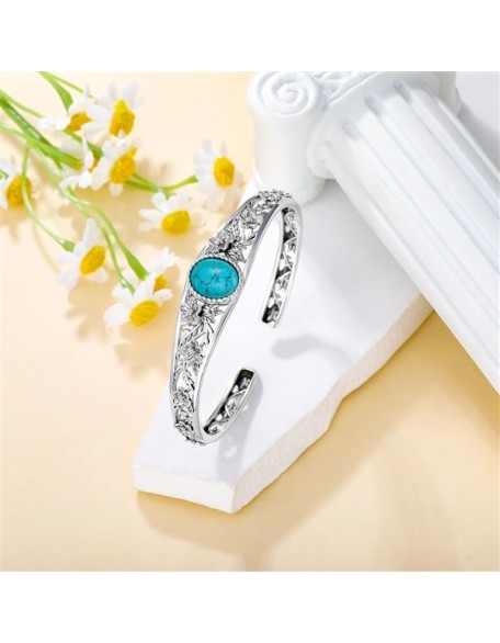 Genuine Turquoise Vintage Flower Bracelet Bangle, Sterling Silver Boho Adjustable Bangle Cuff Native American Jewelry for Women, Fit for 6.5 7 7.5 Inches