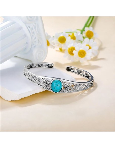 Genuine Turquoise Vintage Flower Bracelet Bangle, Sterling Silver Boho Adjustable Bangle Cuff Native American Jewelry for Women, Fit for 6.5 7 7.5 Inches