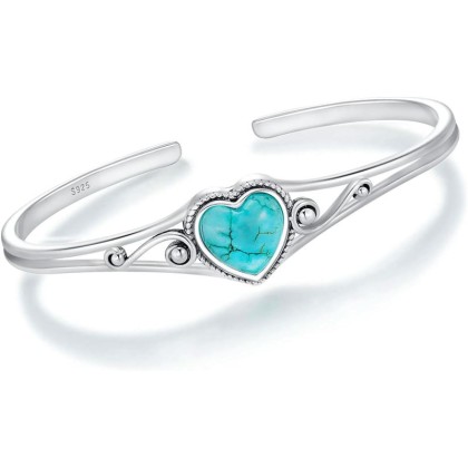 Genuine Turquoise Bracelet, Sterling Silver Native American Boho Adjustable Heart Bangle Cuff Jewelry for Women, Fit for 6.5 7 7.5 Inches