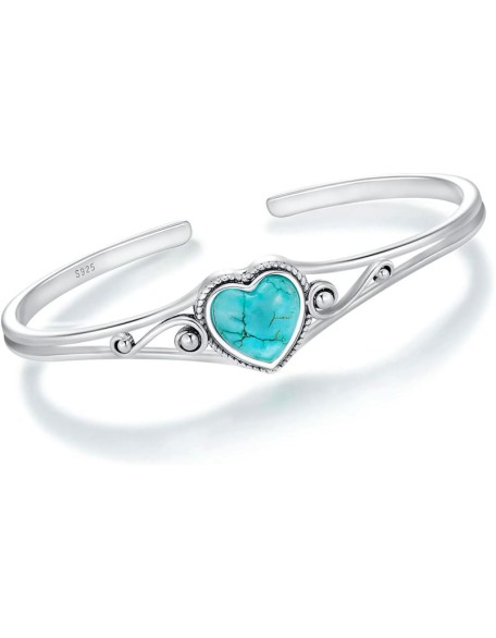 Genuine Turquoise Bracelet, Sterling Silver Native American Boho Adjustable Heart Bangle Cuff Jewelry for Women, Fit for 6.5 7 7.5 Inches