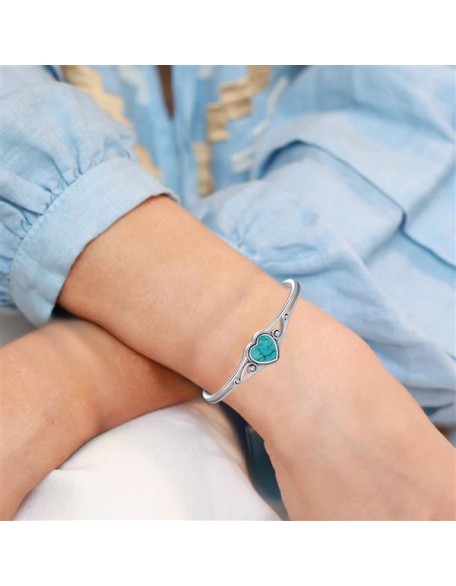 Genuine Turquoise Bracelet, Sterling Silver Native American Boho Adjustable Heart Bangle Cuff Jewelry for Women, Fit for 6.5 7 7.5 Inches