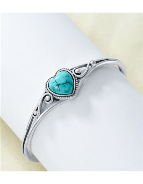 Genuine Turquoise Bracelet, Sterling Silver Native American Boho Adjustable Heart Bangle Cuff Jewelry for Women, Fit for 6.5 7 7.5 Inches