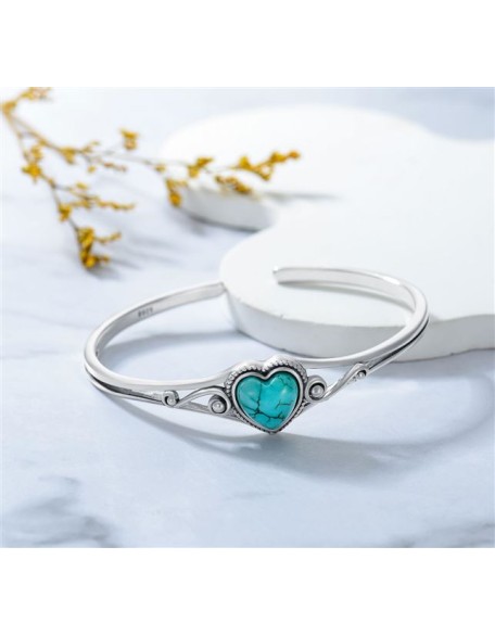 Genuine Turquoise Bracelet, Sterling Silver Native American Boho Adjustable Heart Bangle Cuff Jewelry for Women, Fit for 6.5 7 7.5 Inches