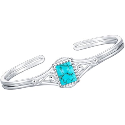 Genuine Turquoise Bracelet, Sterling Silver Minimalism Boho Style Adjustable Bangle Cuff Native American Vintage Jewelry Birthdays Gift, Fit for 6.5 7 7.5 Inches