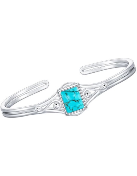 Genuine Turquoise Bracelet, Sterling Silver Minimalism Boho Style Adjustable Bangle Cuff Native American Vintage Jewelry Birthdays Gift, Fit for 6.5 7 7.5 Inches