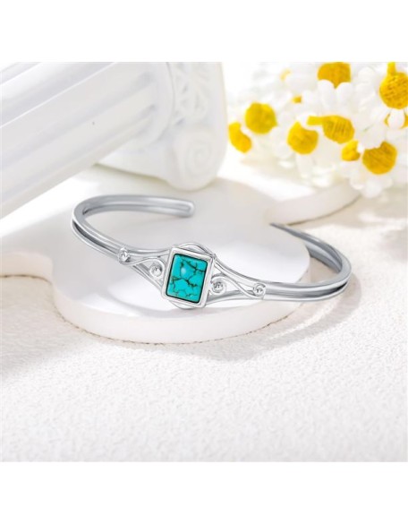 Genuine Turquoise Bracelet, Sterling Silver Minimalism Boho Style Adjustable Bangle Cuff Native American Vintage Jewelry Birthdays Gift, Fit for 6.5 7 7.5 Inches