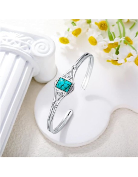 Genuine Turquoise Bracelet, Sterling Silver Minimalism Boho Style Adjustable Bangle Cuff Native American Vintage Jewelry Birthdays Gift, Fit for 6.5 7 7.5 Inches