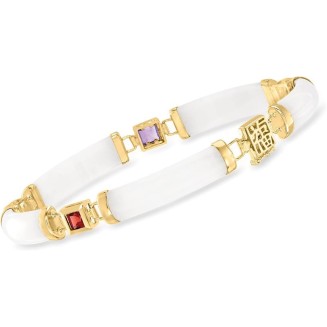White Jade and 1.40 ct. t.w. Multi-Gemstone Good Fortune Bracelet in 18kt Gold Over Sterling. 7.5 inches