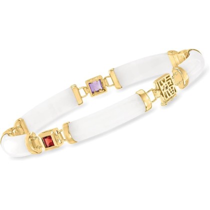 White Jade and 1.40 ct. t.w. Multi-Gemstone Good Fortune Bracelet in 18kt Gold Over Sterling. 7.5 inches