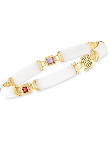 White Jade and 1.40 ct. t.w. Multi-Gemstone Good Fortune Bracelet in 18kt Gold Over Sterling. 7.5 inches