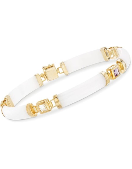White Jade and 1.40 ct. t.w. Multi-Gemstone Good Fortune Bracelet in 18kt Gold Over Sterling. 7.5 inches