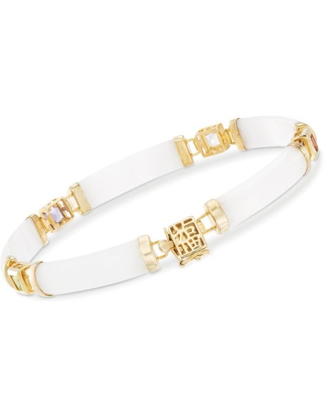 White Jade and 1.40 ct. t.w. Multi-Gemstone Good Fortune Bracelet in 18kt Gold Over Sterling. 7.5 inches
