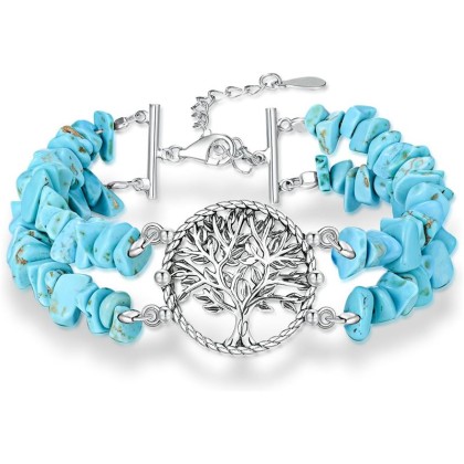 Boho Genuine Turquoise Bracelet for Women Western 925 Sterling Silver Gemstone Tree of Life Dream Catcher Sunflower Bracelets Jewelry for Her