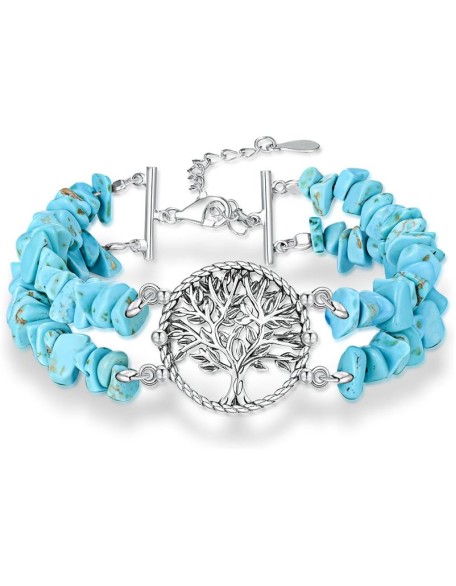 Boho Genuine Turquoise Bracelet for Women Western 925 Sterling Silver Gemstone Tree of Life Dream Catcher Sunflower Bracelets Jewelry for Her