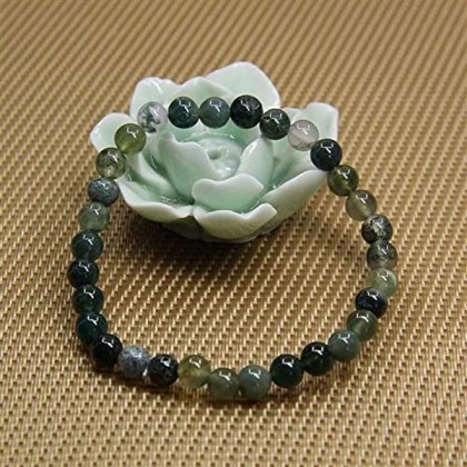 Natural Moss Agate Beaded Bracelet, Green Energy Stone, 8mm
