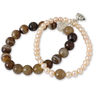 Silver Cultured Freshwater Pearl Agate Stretch Bracelet with Elephant Charm Fine Beige White Brown Beaded Thailand 'Iridescent Forest'