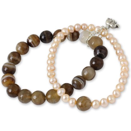 Silver Cultured Freshwater Pearl Agate Stretch Bracelet with Elephant Charm Fine Beige White Brown Beaded Thailand 'Iridescent Forest'