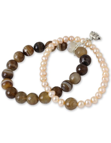 Silver Cultured Freshwater Pearl Agate Stretch Bracelet with Elephant Charm Fine Beige White Brown Beaded Thailand 'Iridescent Forest'