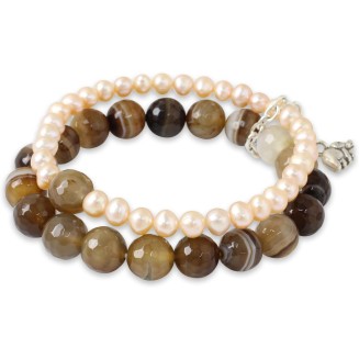 Silver Cultured Freshwater Pearl Agate Stretch Bracelet with Elephant Charm Fine Beige White Brown Beaded Thailand 'Iridescent Forest'
