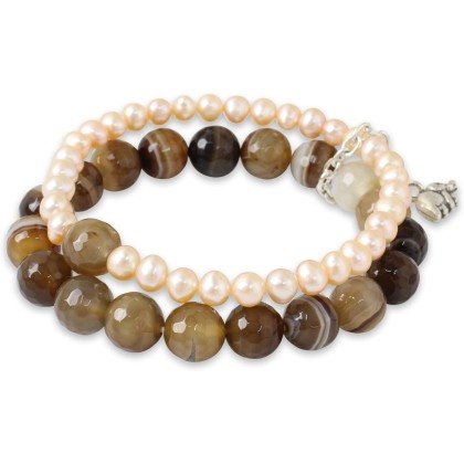 Silver Cultured Freshwater Pearl Agate Stretch Bracelet with Elephant Charm Fine Beige White Brown Beaded Thailand 'Iridescent Forest'