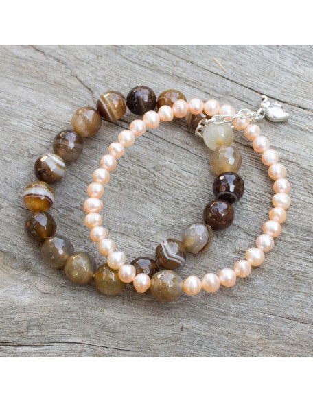 Silver Cultured Freshwater Pearl Agate Stretch Bracelet with Elephant Charm Fine Beige White Brown Beaded Thailand 'Iridescent Forest'