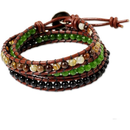 Onyx Agate Wrap Bracelet Artisan Crafted Multi Gemstone Fine Silver Quartz Multigem Multicolor Green Beaded Thailand Cypress Birthstone