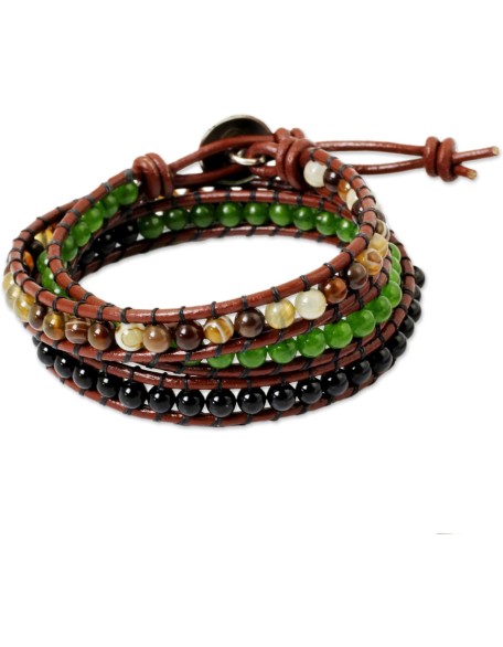 Onyx Agate Wrap Bracelet Artisan Crafted Multi Gemstone Fine Silver Quartz Multigem Multicolor Green Beaded Thailand Cypress Birthstone