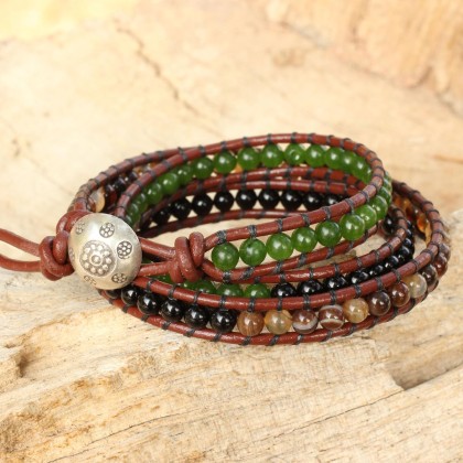 Onyx Agate Wrap Bracelet Artisan Crafted Multi Gemstone Fine Silver Quartz Multigem Multicolor Green Beaded Thailand Cypress Birthstone