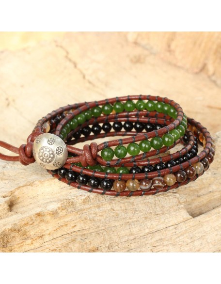 Onyx Agate Wrap Bracelet Artisan Crafted Multi Gemstone Fine Silver Quartz Multigem Multicolor Green Beaded Thailand Cypress Birthstone