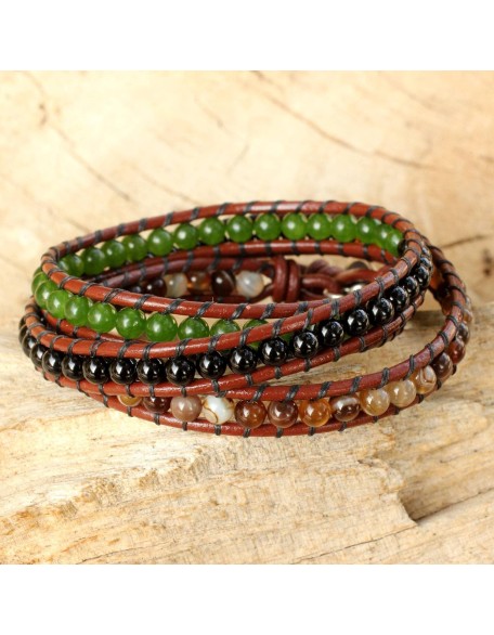 Onyx Agate Wrap Bracelet Artisan Crafted Multi Gemstone Fine Silver Quartz Multigem Multicolor Green Beaded Thailand Cypress Birthstone