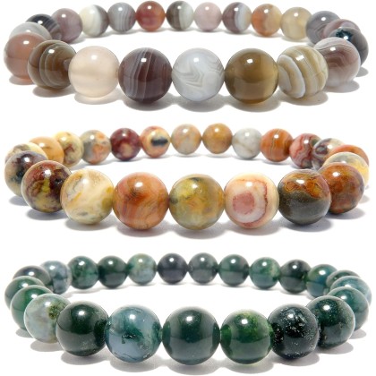 Medley Bracelet Set Stacking Trio Botswana Yellow Crazy Green Moss Stretch Round Gemstones B01