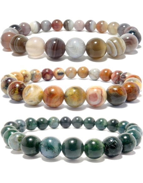 Medley Bracelet Set Stacking Trio Botswana Yellow Crazy Green Moss Stretch Round Gemstones B01