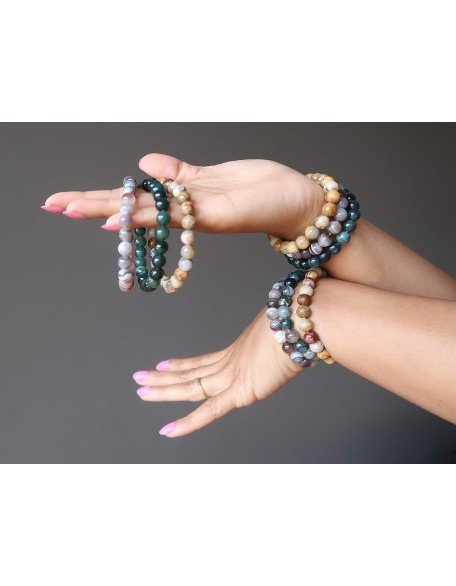 Medley Bracelet Set Stacking Trio Botswana Yellow Crazy Green Moss Stretch Round Gemstones B01