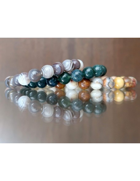Medley Bracelet Set Stacking Trio Botswana Yellow Crazy Green Moss Stretch Round Gemstones B01